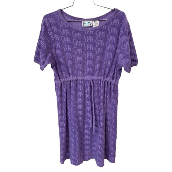 Spa Ladies Terry Cloth Short Sleeve Dress Sz Medium Drawstring Purple Soft Cozy - Picture 1 of 7